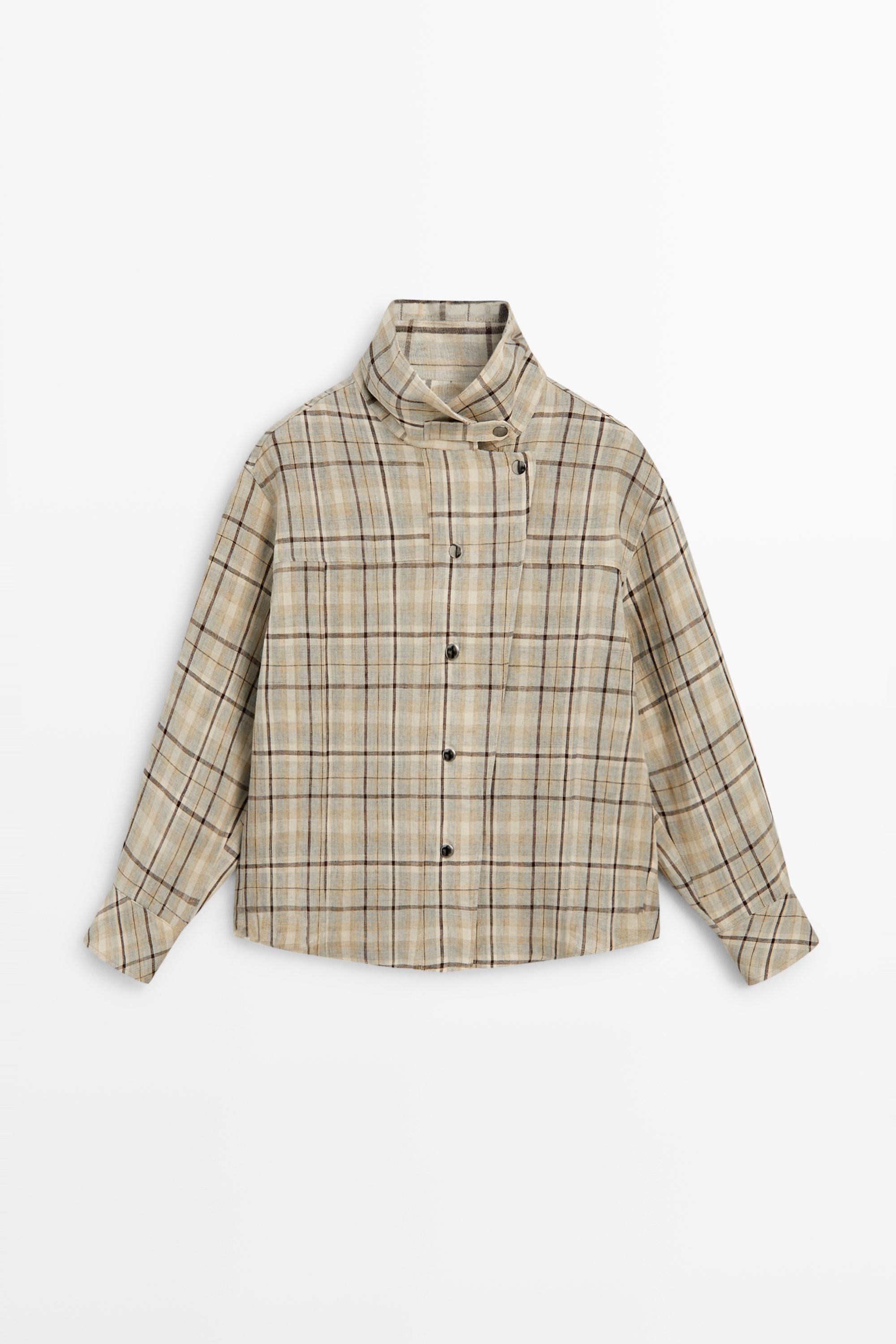 100% linen check snap button shirt - Light blue | ZARA United States