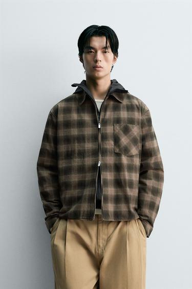 Zara 格紋拉鍊襯衫式外套 - 棕色