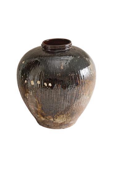 LARGE STRIPED STONEWARE VASE - Dark khaki by Zara