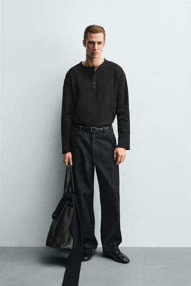 Zara RIBBED HENLEY T-SHIRT - Black - Image 0