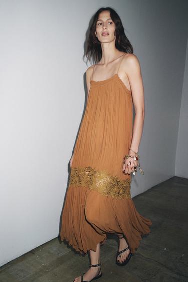 Zara ZW COLLECTION WRINKLED EMBROIDERED DRESS - Brown