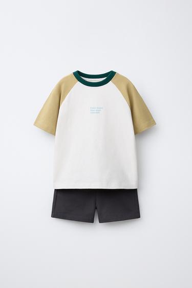 COLOUR BLOCK JOGGING T-SHIRT AND BERMUDA SHORTS SET - Khaki by Zara - Image 0