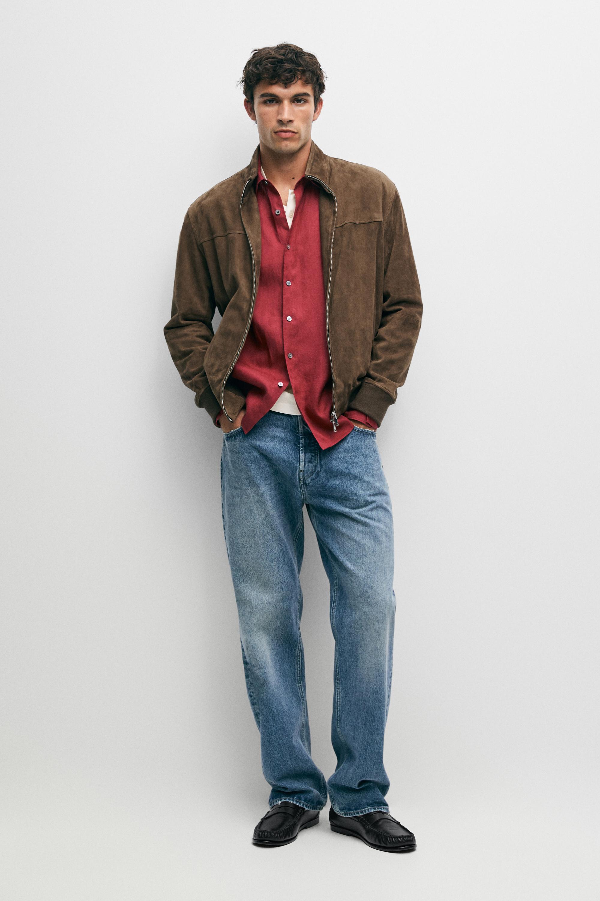 Blouson bomber en cuir et daim