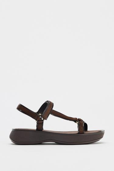 STRAPPY HOOK-AND-LOOP SANDALS - Chocolate Brown by Zara