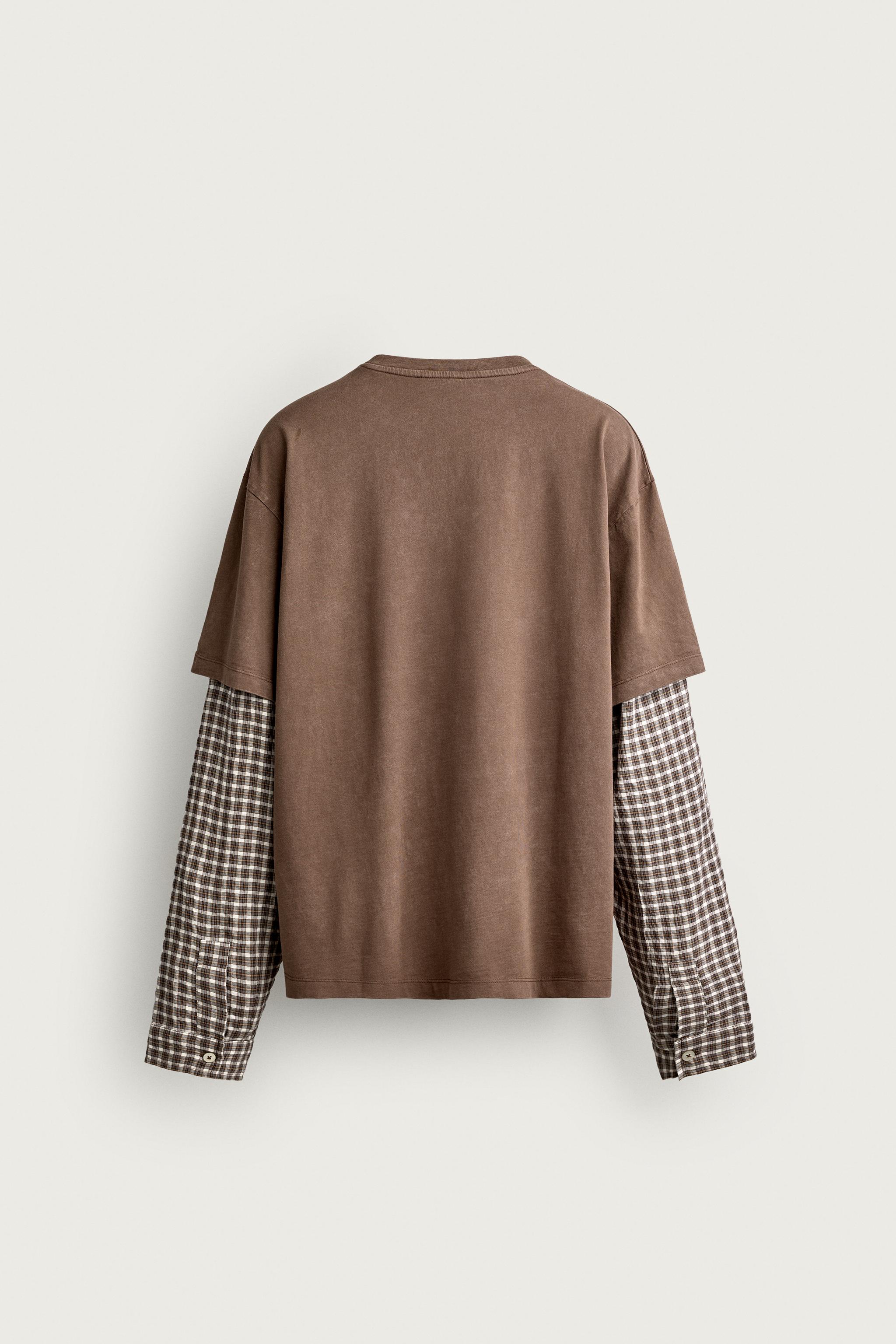 PLAID LAYERED-EFFECT SLEEVE T-SHIRT