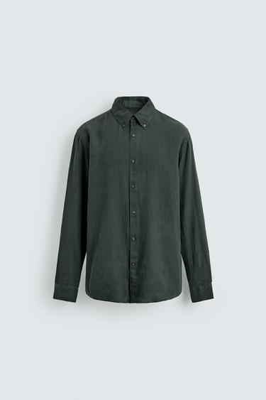 100% LINEN REGULAR FIT SHIRT - Dark green by Zara