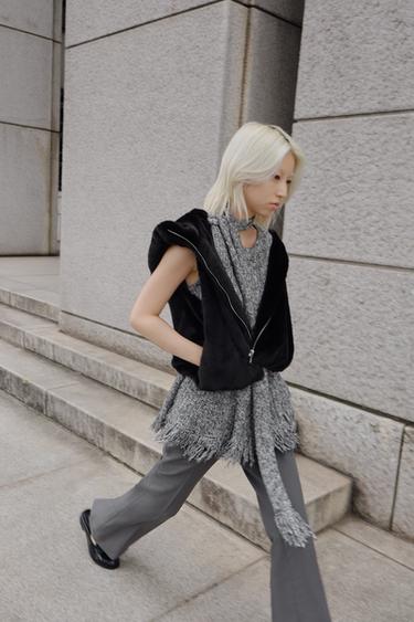 KNIT TOP WITH SCARF AND FRINGED HEM - Grey marl by Zara