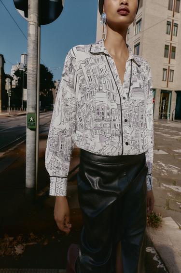 BLUSE MIT PRINT UND PASPELN - Cremefarben / Schwarz von Zara