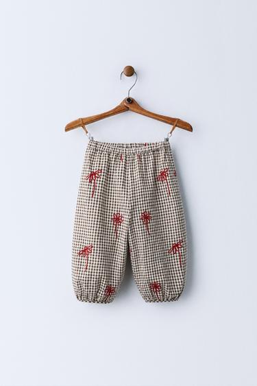 GINGHAM SAROUEL TROUSERS WITH EMBROIDERY - Chocolate by Zara