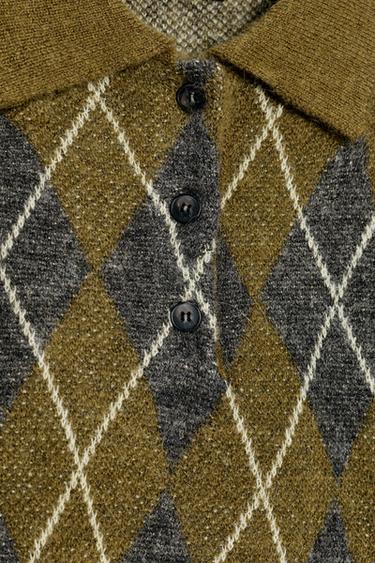 PULL POLO EN MAILLE À LOSANGES - Vert gris de Zara - Image 6