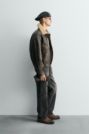 BLOUSON EN CUIR COL COMBINÉ ÉDITION LIMITÉE - Gris foncé de Zara - Image 4