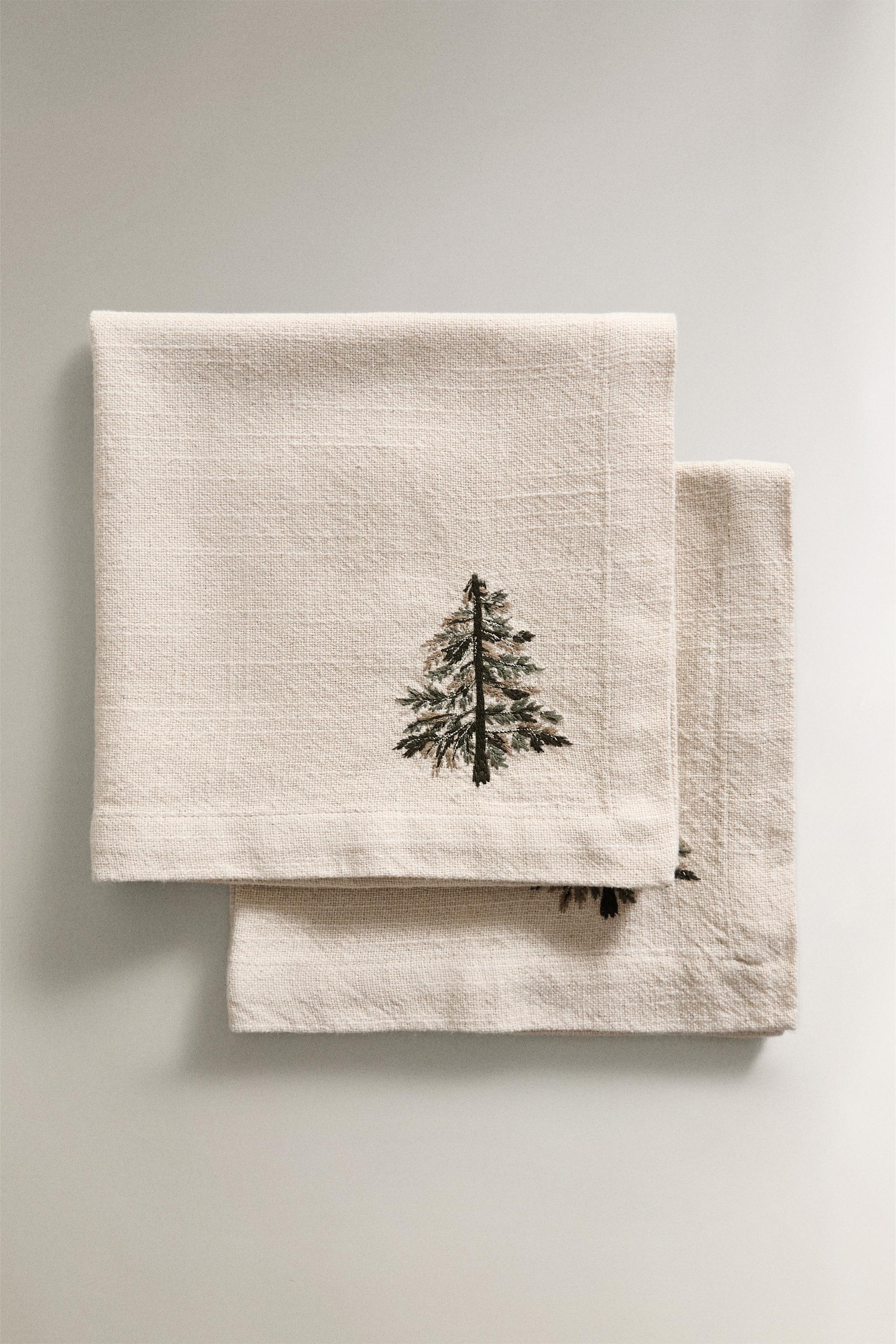 LOT DE SERVIETTES DE TABLE COTON BRODERIE SAPIN DE NOËL (LOT DE 2)