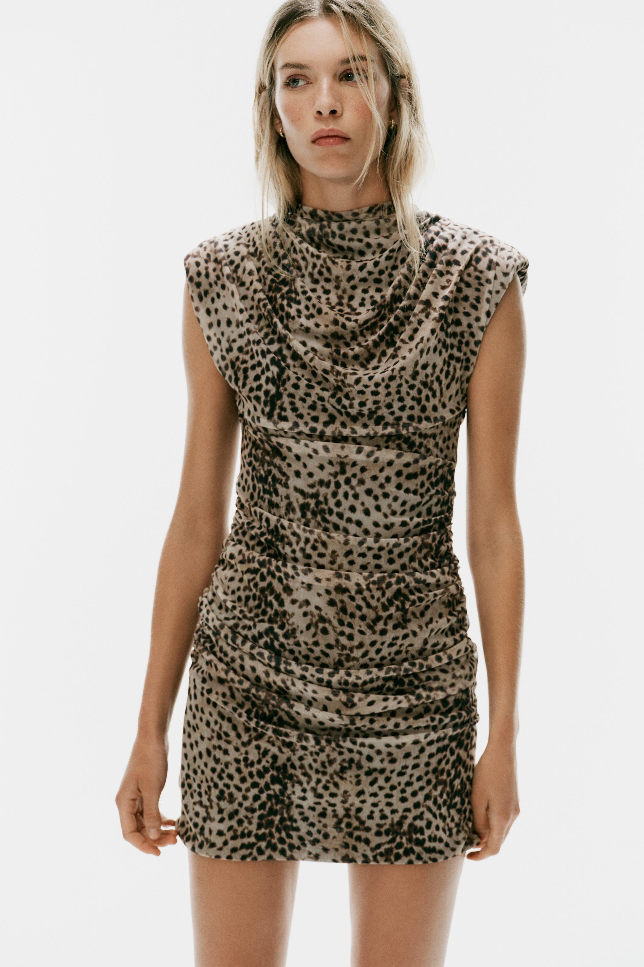ROBE COURTE DRAPÉE EN TULLE À IMPRIMÉ ANIMALIER