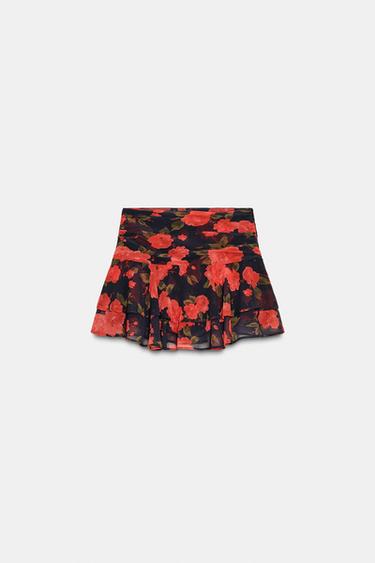 PRINTED FLORAL RUFFLE SKORT - Red / Black by Zara