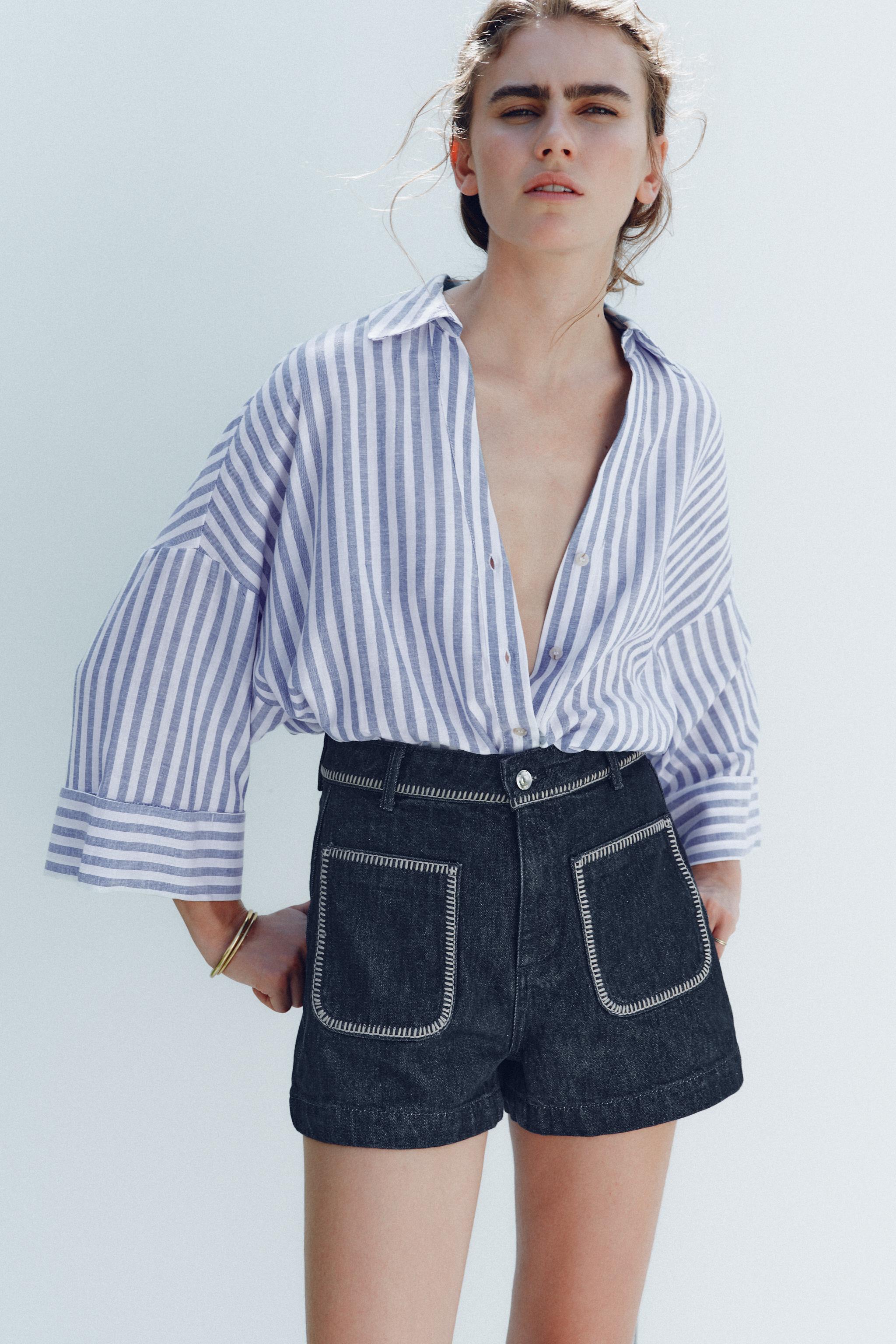 【日本入手困難】Striped chambray bermudas ブラジャー Z1975 HIGH-WAISTED DENIM SHORTS WITH TOPSTITCHING - Blue