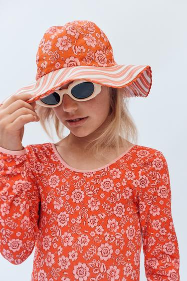 Zara 4-14 YEARS/ FLORAL LONG SLEEVE SWIMSUIT LIMITED EDITION - Red / Orange