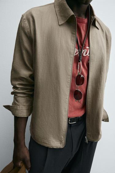 Zara 100% LINEN OVERSHIRT - Dark beige