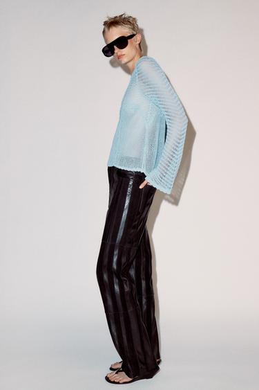 Zara FLARED-SLEEVE OPEN-KNIT JUMPER - Light blue