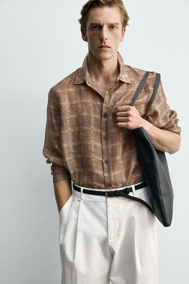 CHEMISE SEMI-TRANSPARENTE À CARREAUX - Marron clair de Zara - Image 5