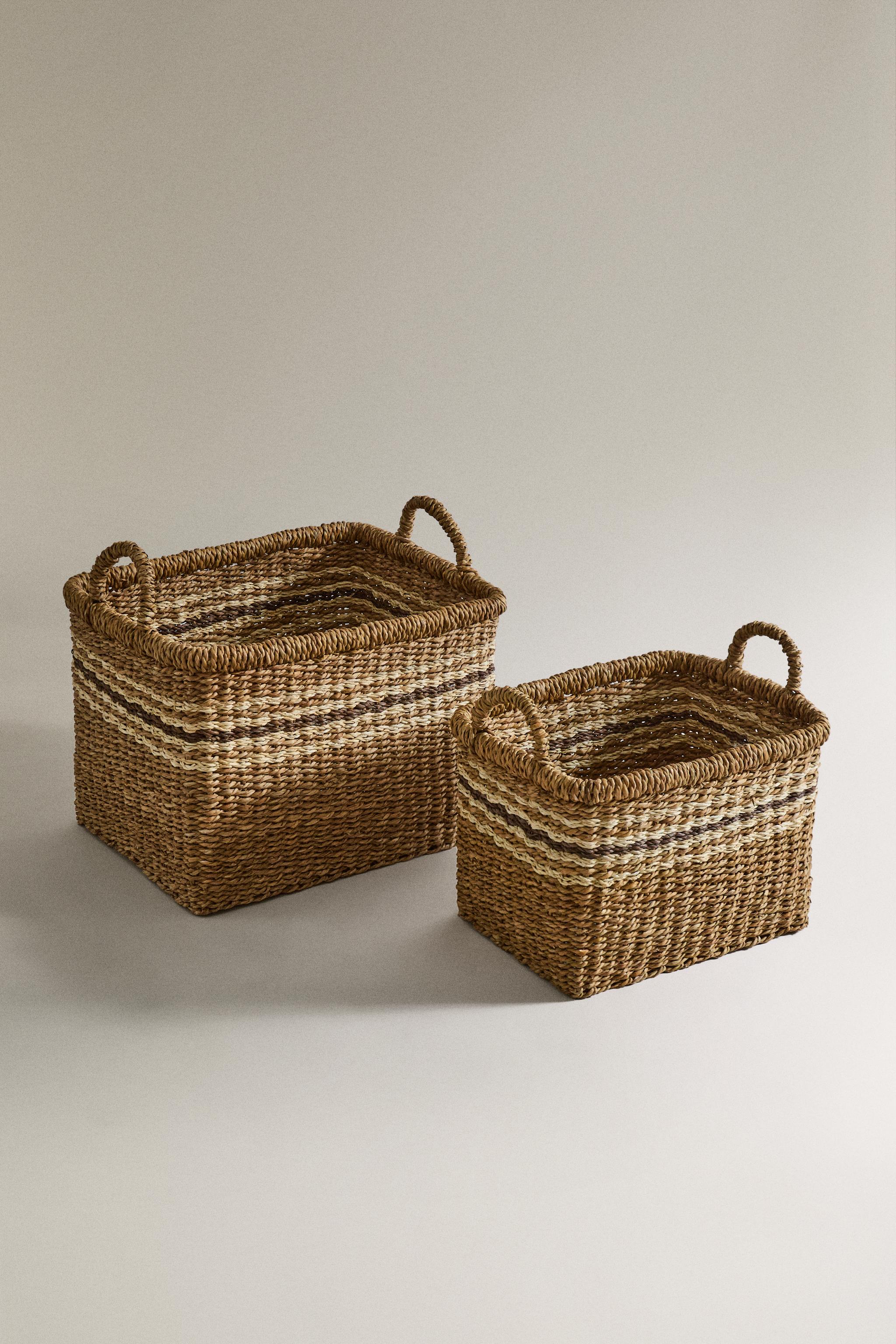 RECTANGULAR STRIPED BASKET — Brown