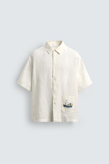 CAMISA DE LINHO COM PATCH COMBINADO FILIPE JARDIM X ZARA - Branco-marfim da Zara