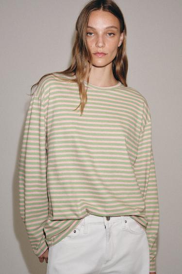 STRIPED COTTON AND LINEN T-SHIRT - Mint by Zara