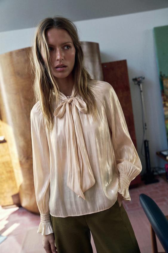 SATIN BLOUSE WITH BOW - Vanilla by Zara - Image 0