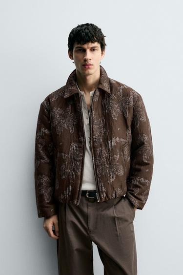 Zara FLORAL JACQUARD JACKET - Chocolate