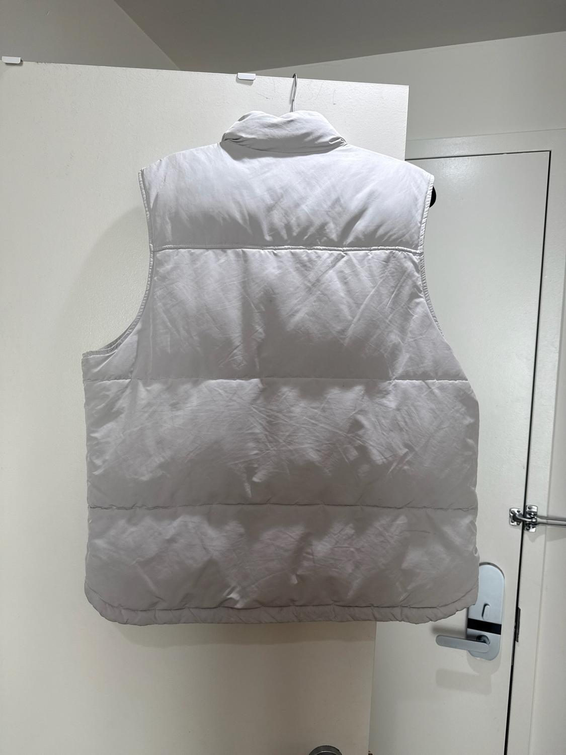 Rear view of a light gray padded vest hanging on a hanger over a white door.