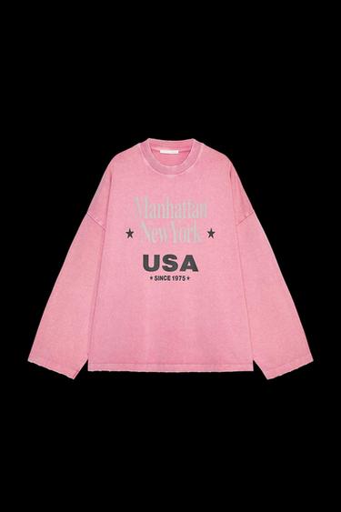 FADED-EFFECT T-SHIRT WITH SLOGAN - Pink by Zara - Image 0