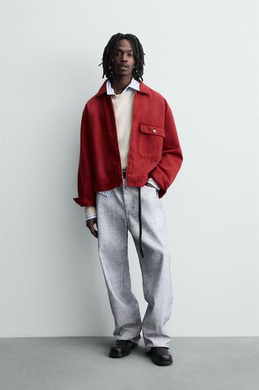 جاكيت DENIM RELAXED FIT - أحمر الخاص بـ Zara
