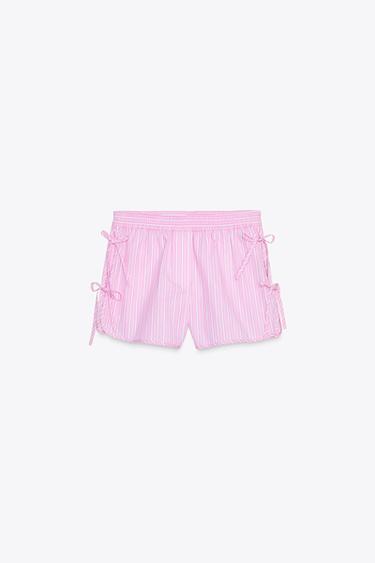 BERMUDA EN POPELINE RAYÉE AVEC LACETS LATÉRAUX - Rose / Blanc de Zara - Image 6