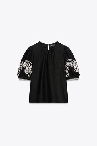 ZW COLLECTION EMBROIDERED LINEN BLEND TOP - Black by Zara
