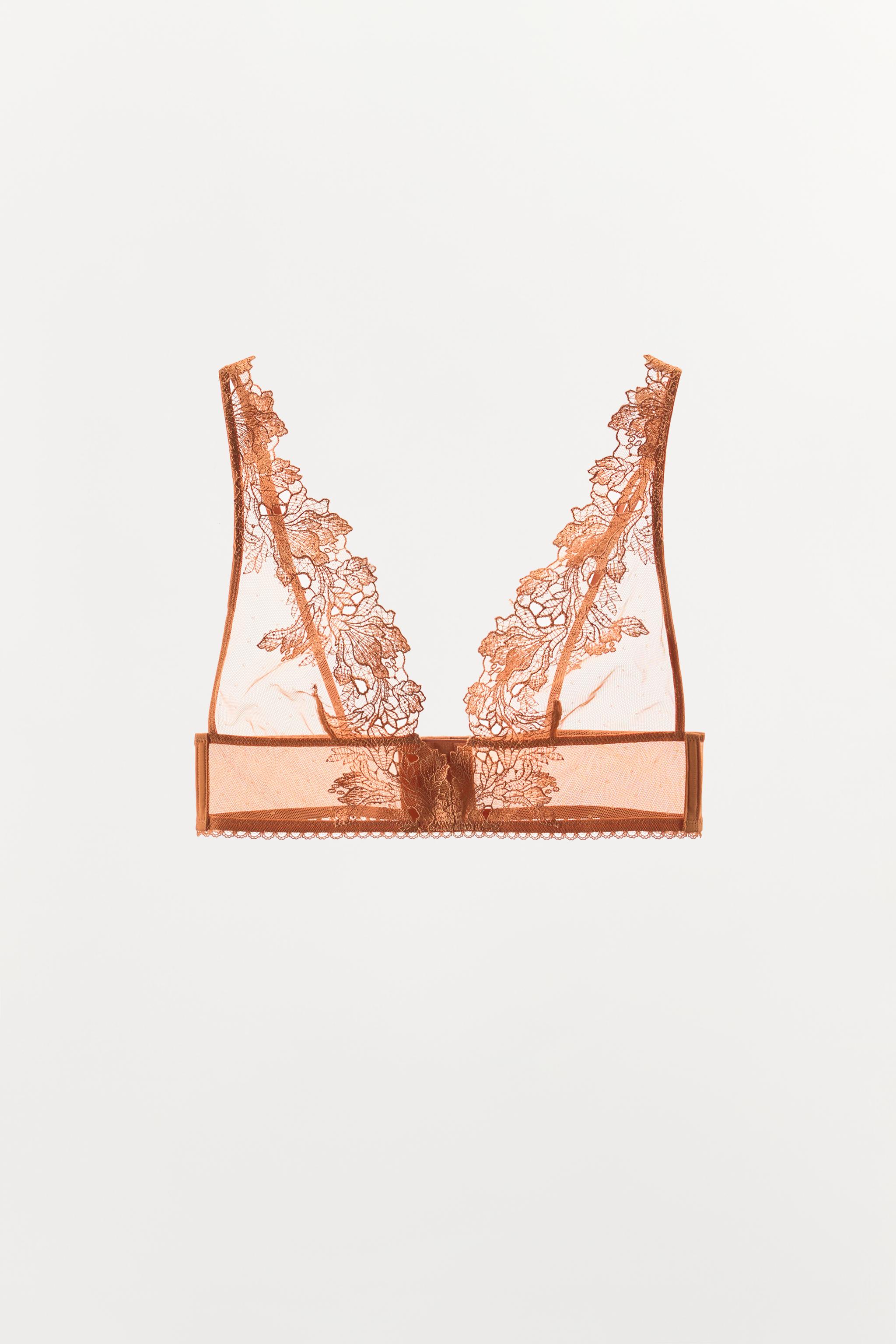 MESH AND LACE TRIANGLE BRA — Brick