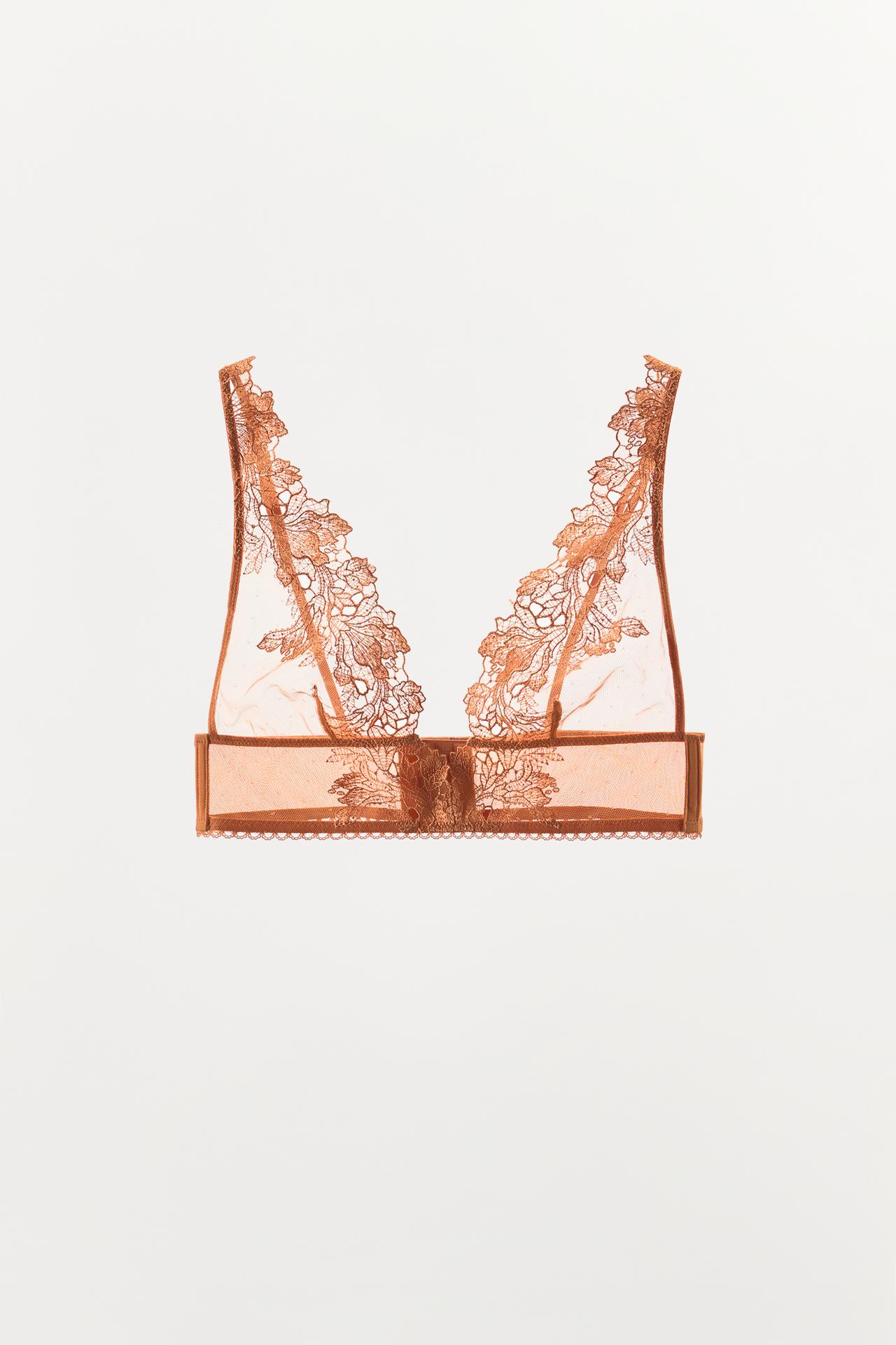 MESH AND LACE TRIANGLE BRA — Brick