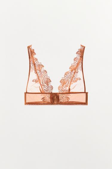 MESH AND LACE TRIANGLE BRA — Brick 1