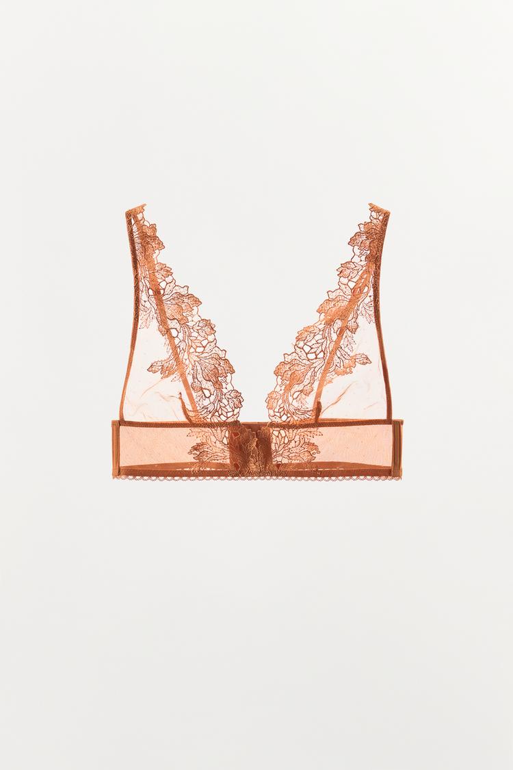 MESH AND LACE TRIANGLE BRA — Brick