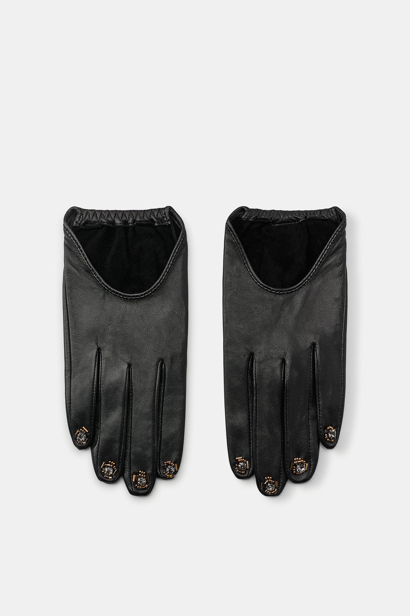 Женские перчатки Zara 100% Leather Beaded Gloves, цвет: Чёрный — фото 2