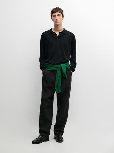 Zara Linen polo collar knit sweater - Navy blue - Image 0