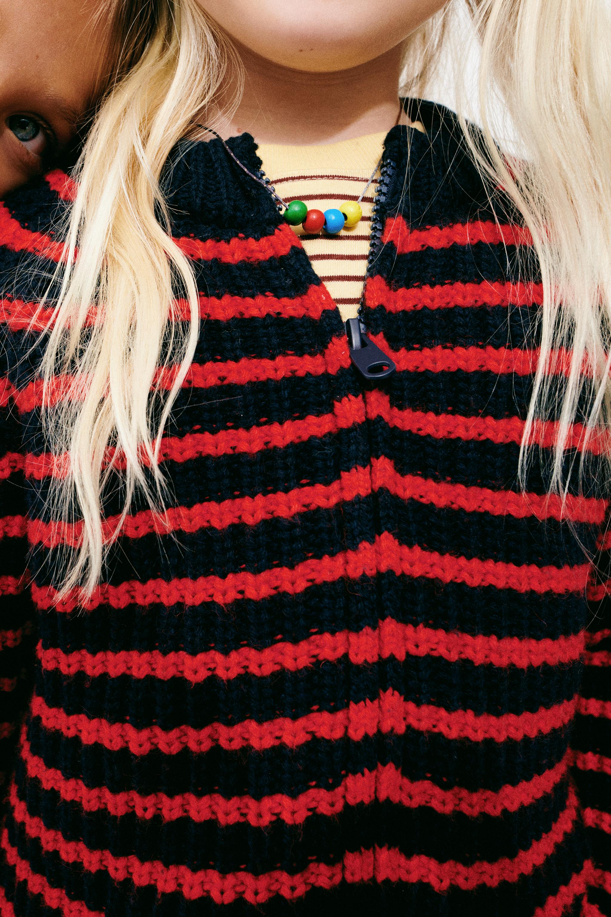 ZARA TIMELESS - STRIPED COTTON AND WOOL BLEND CARDIGAN — Red / Navy