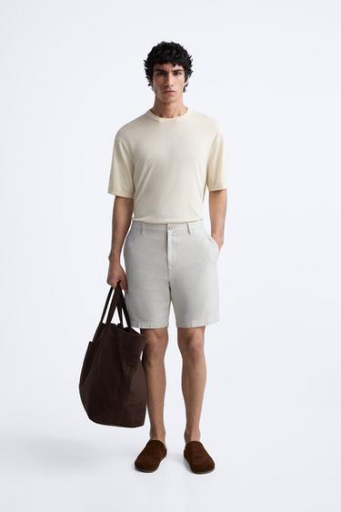 Zara COTTON LINEN SHORTS - Beige / Green - Image 0
