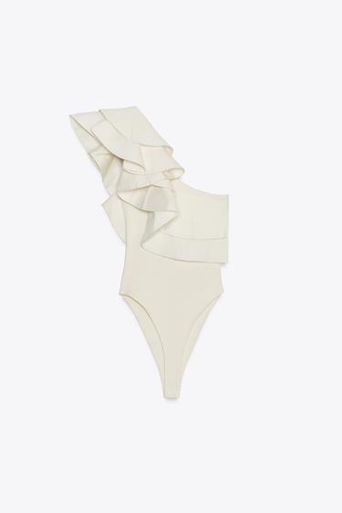 Zara ASYMMETRIC BODYSUIT WITH CONTRASTING RUFFLE - Ecru