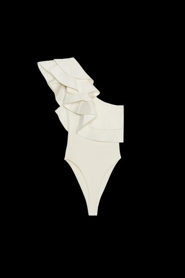 ASYMMETRIC CONTRAST RUFFLE BODYSUIT - Ecru by Zara - Image 0