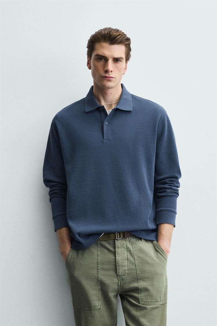 ZARA STRIPED TEXTURED POLO SHIRT