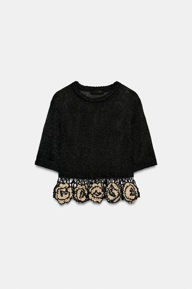 FLORAL TEXTURED KNIT TOP - Black / Ecru by Zara