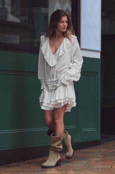 Zara RUFFLED EMBROIDERED SHORT DRESS - White - Image 0