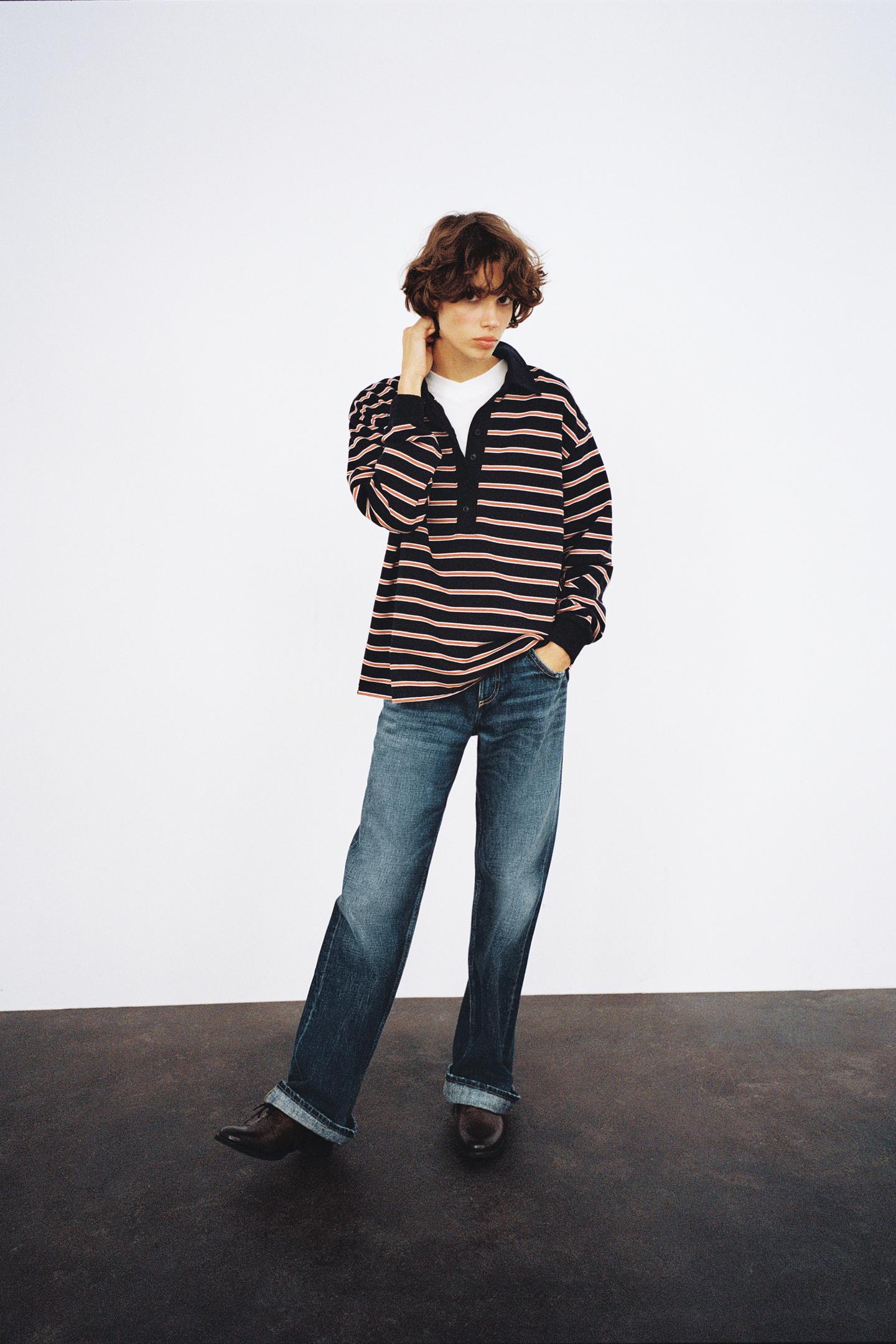 Женское поло Zara Striped Polo, цвет: Коричневый синий — фото 1
