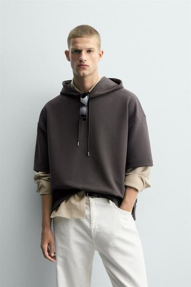 Zara INTERLOCK HOODED SWEATSHIRT WITH LABEL - Dark brown