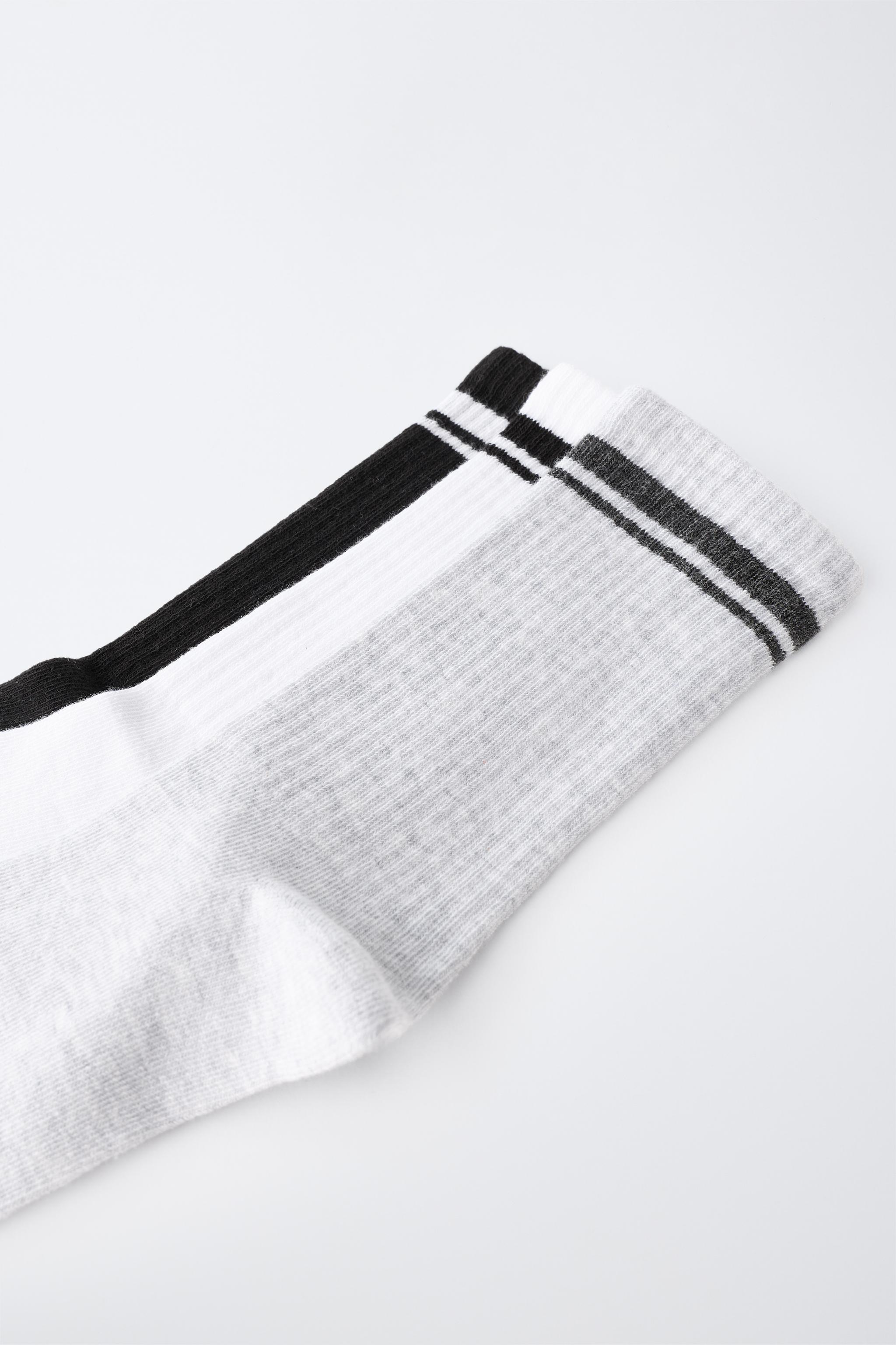 THREE-PACK SPORTY STRIPE MID-CALF SOCKS — Black / White