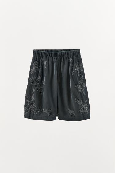 VELVET BERMUDA SHORTS WITH EMBROIDERY AND BEADS - Blue grey by Zara